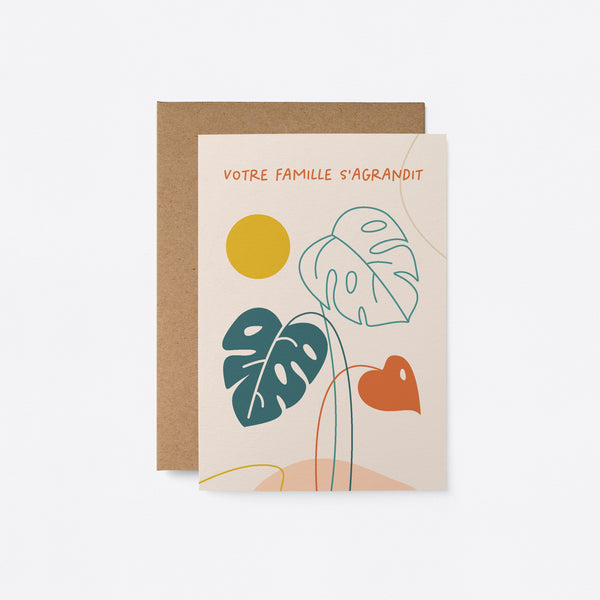 French new baby card with green leaf drawings and a little red leaf with yellow sun and a text that says Votre famille s’agrandit