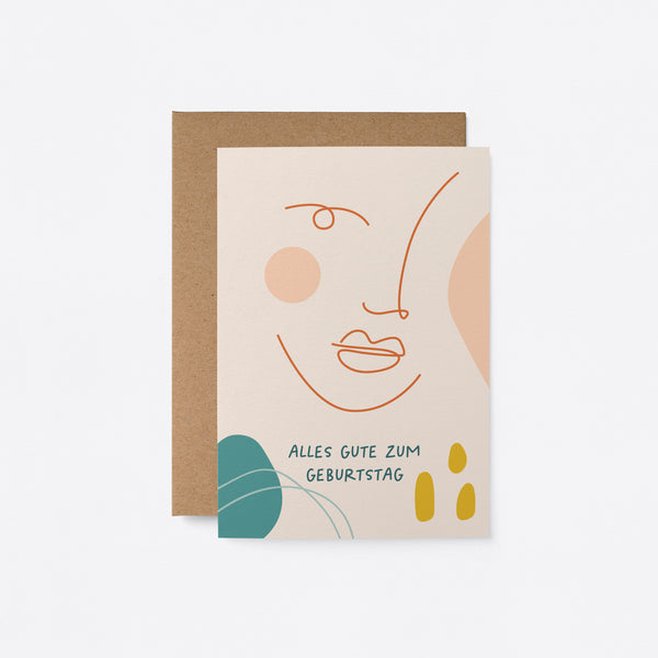 German birthday card with a woman face drawing with lines and a green leaf and a text that says Alles Gute zum Geburtstag