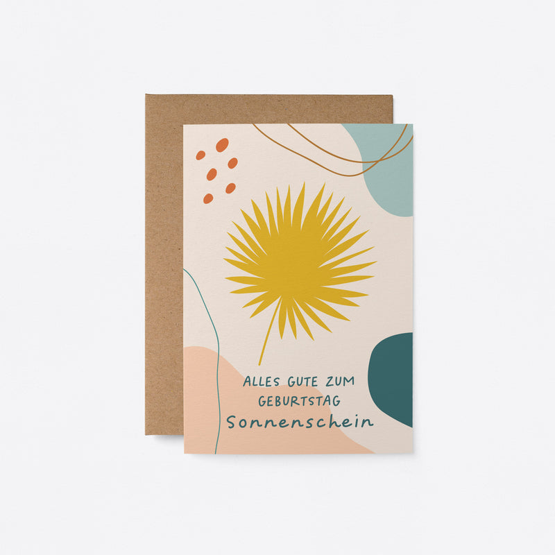 German birthday card with a yellow leaf and colorful figures and a text that says Alles Gute zum Geburtstag, Sonnenschein