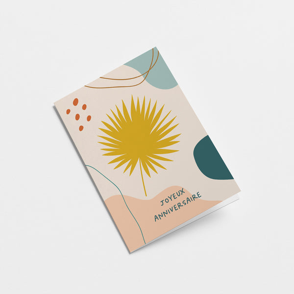 French birthday card with a yellow leaf and colorful figures and a text that says Joyeux anniversaire