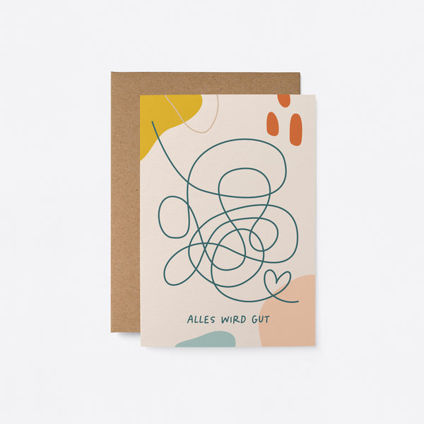 German friendship card with tangled string, heart shape string drawing and a text that says Alles wird gut
