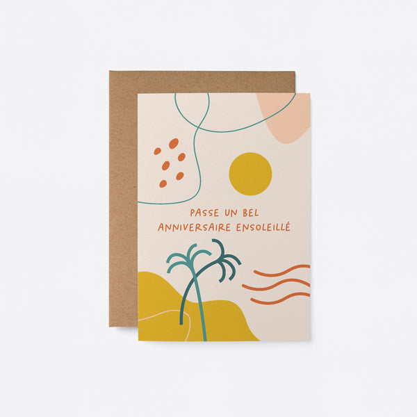 French birthday card with a yellow sun and green plants and colorful figures and a text that says Passe un bel anniversaire ensoleillé