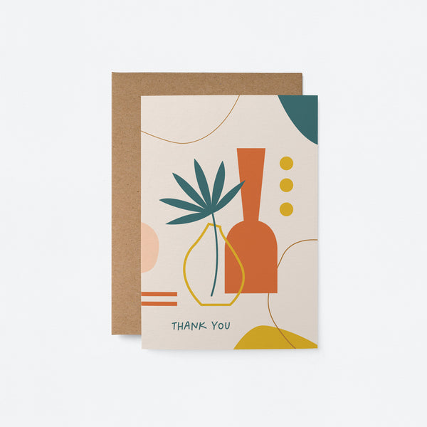 thank you card with a green plant in a vase drawing and a red bottle drawing and a text that says thank you