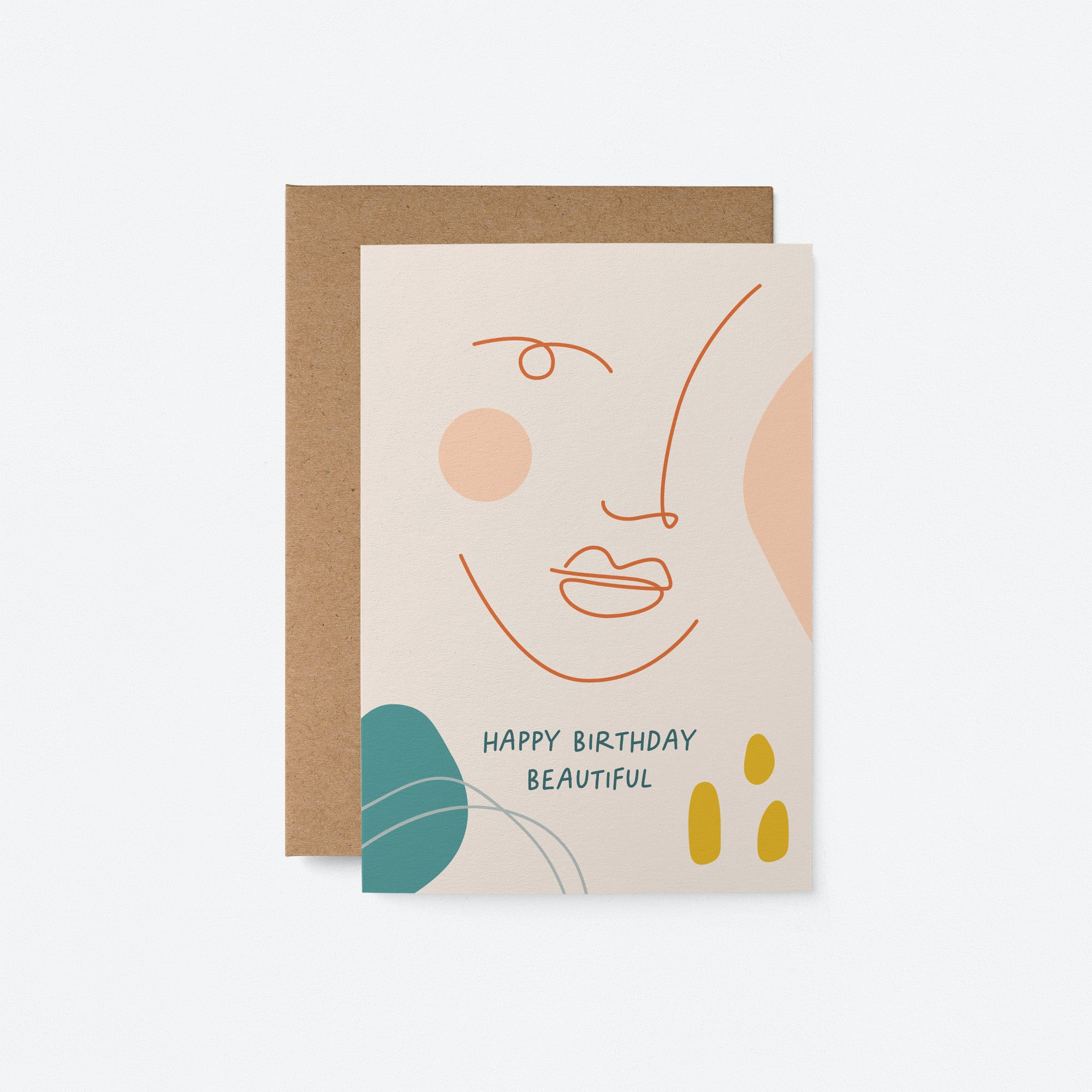 birthday card with a woman face drawing with lines and a green leaf and a text that says happy birthday beautiful