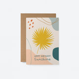 birthday card with colorful shapes and figures and a text that says Happy birthday to you birthday card with a yellow leaf and colorful figures and a text that says happy birthday sunshine