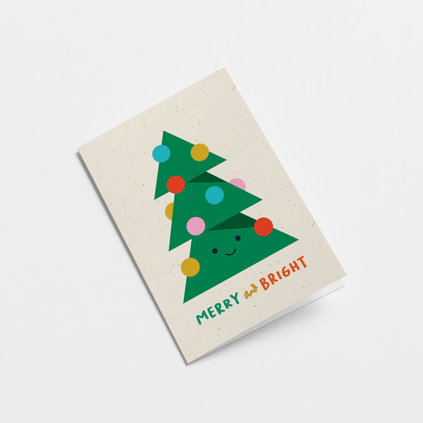 christmas card with a green christmas tree with colorful decorations on it and a text that says merry and bright