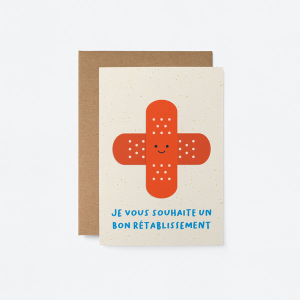 French Get well card with two red band-aids forming a plus sign and a text that says Je vous souhaite un bon rétablissement
