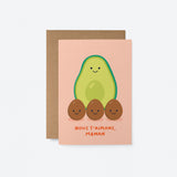 French mother’s day card with a green avocado as a mother and three brown seeds as children and a text that says Nous t’aimons, maman