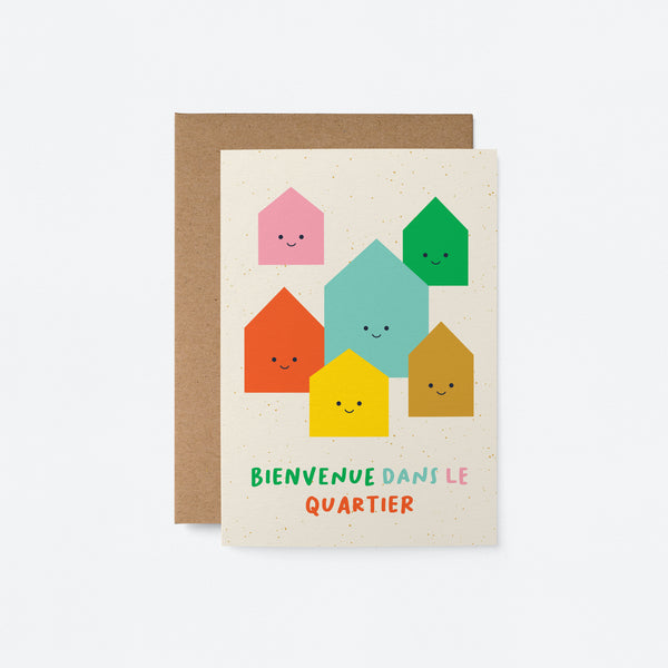 french new home card with six colorful houses and a text that says Bienvenue dans le quartier