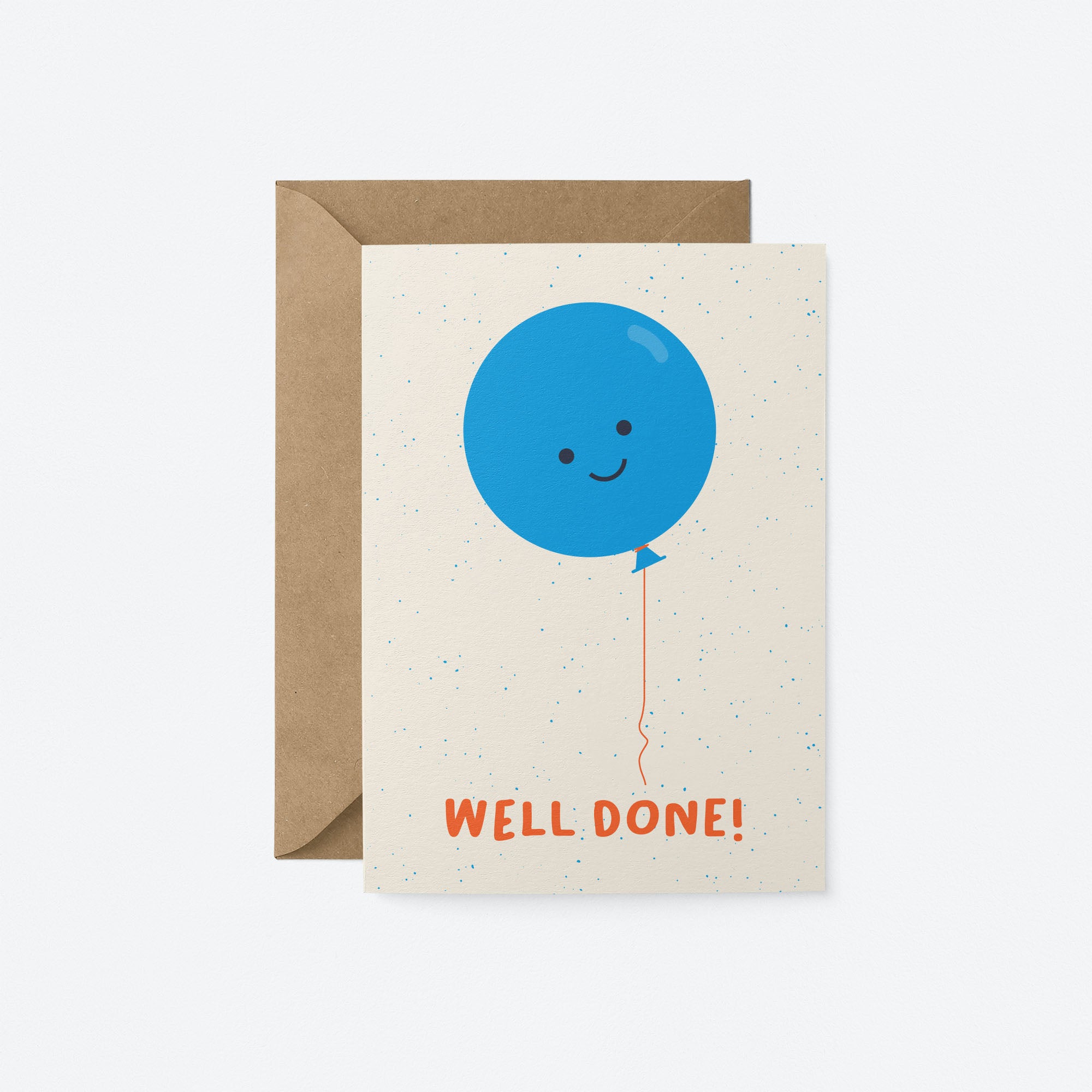 Everyday greeting card with a blue balloon with a smiley face and a text that says well done