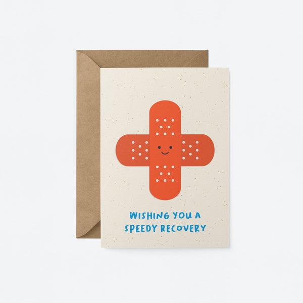 Get well card with two red band-aids forming a plus sign and a text that says wishing you a speedy recovery