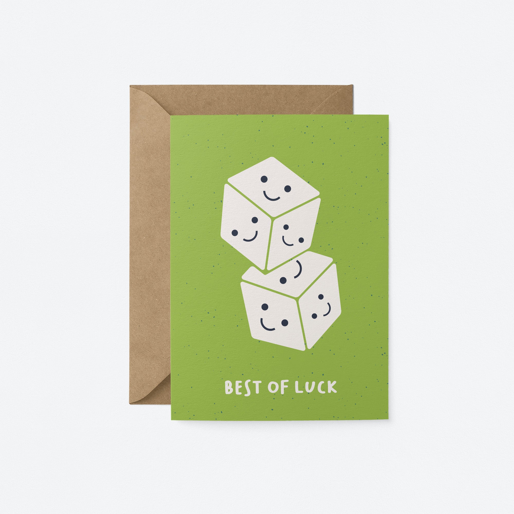 Good Luck card with two white dices on top of each other with smiley faces in each face and a text that says best of luck