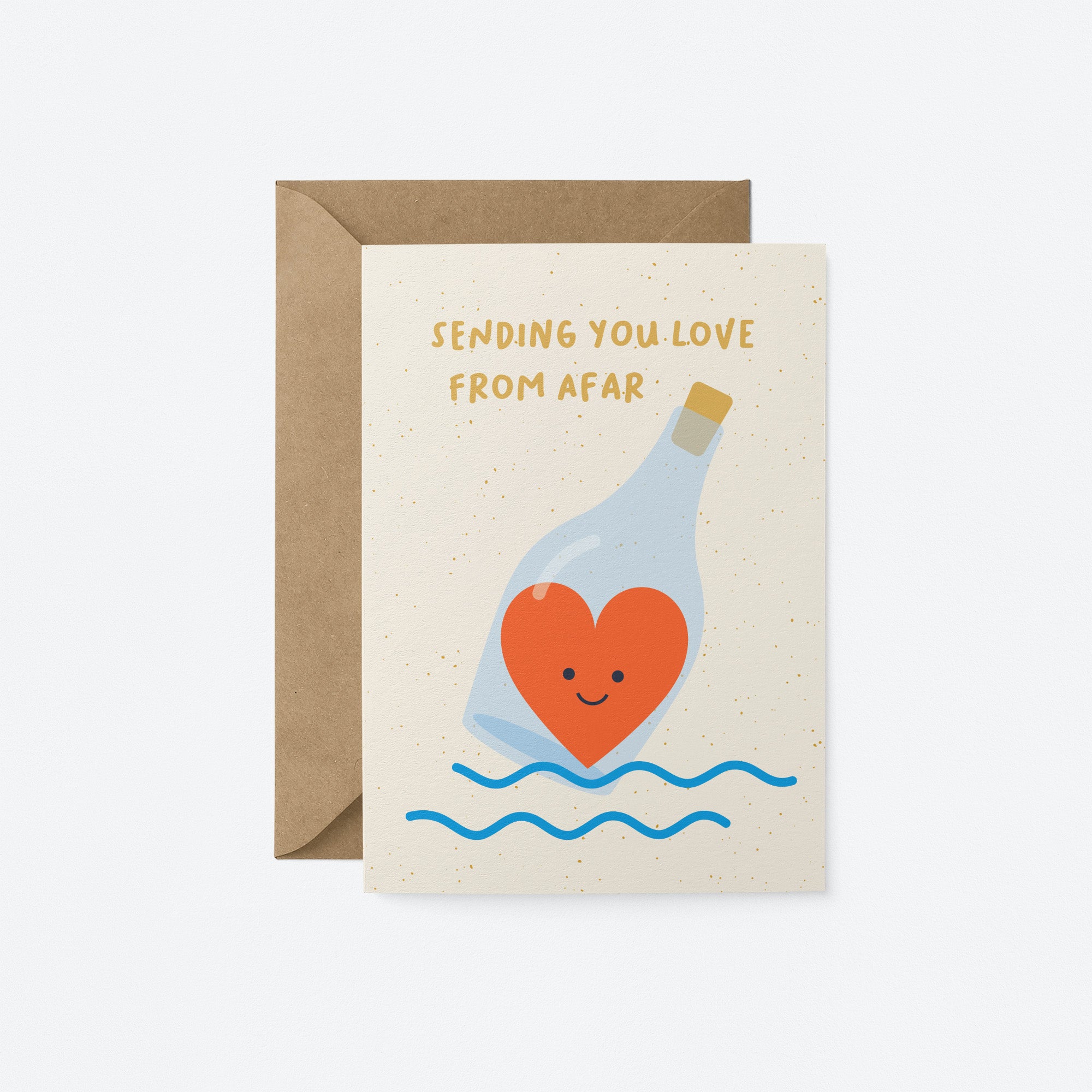 love card with a bottle that contains a red heart on sea and a text that says sending you love from afar