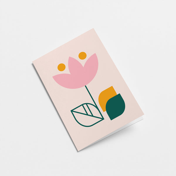 everyday greeting card with a pink flower and yellow, dark green leafs  Edit alt text