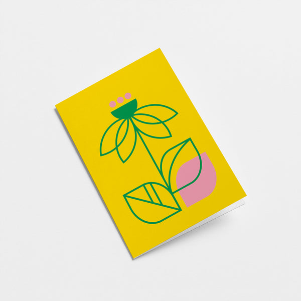 everyday greeting card with a green flower and leafs and a pink leaf  Edit alt text