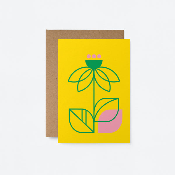 everyday greeting card with a green flower and leafs and a pink leaf