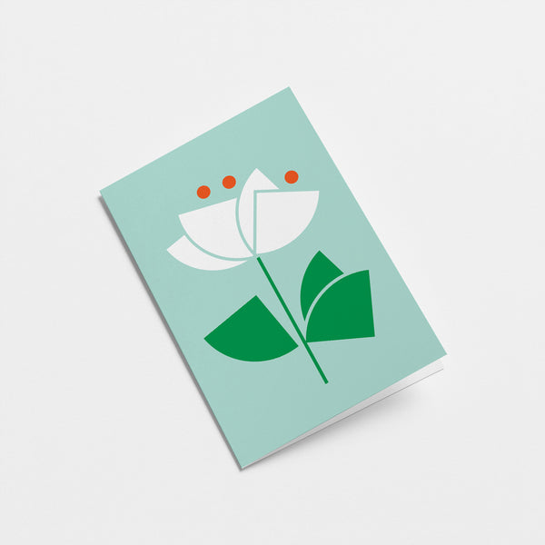everyday greeting card with a white flower and green leafs  Edit alt text