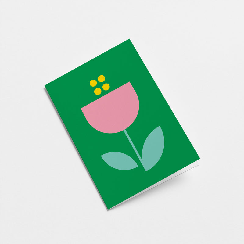 everyday greeting card with a green background and pink flower with blue leafs  Edit alt text