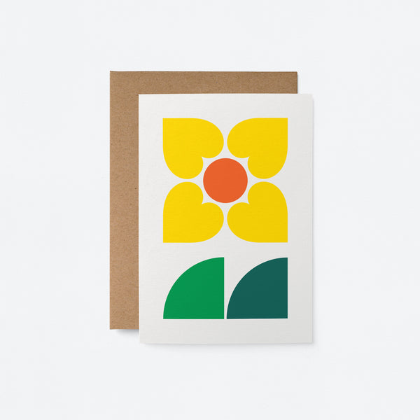 everyday greeting card with yellow and red flower with green, dark green leafs