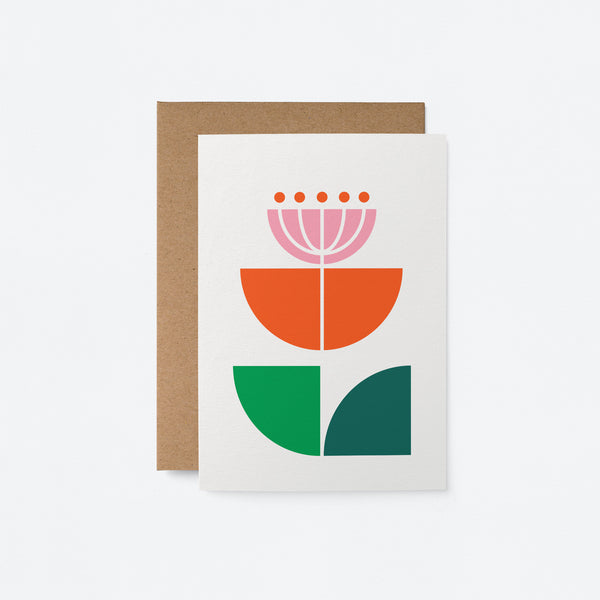 everyday greeting card with pink flower, red, green, dark green leafs