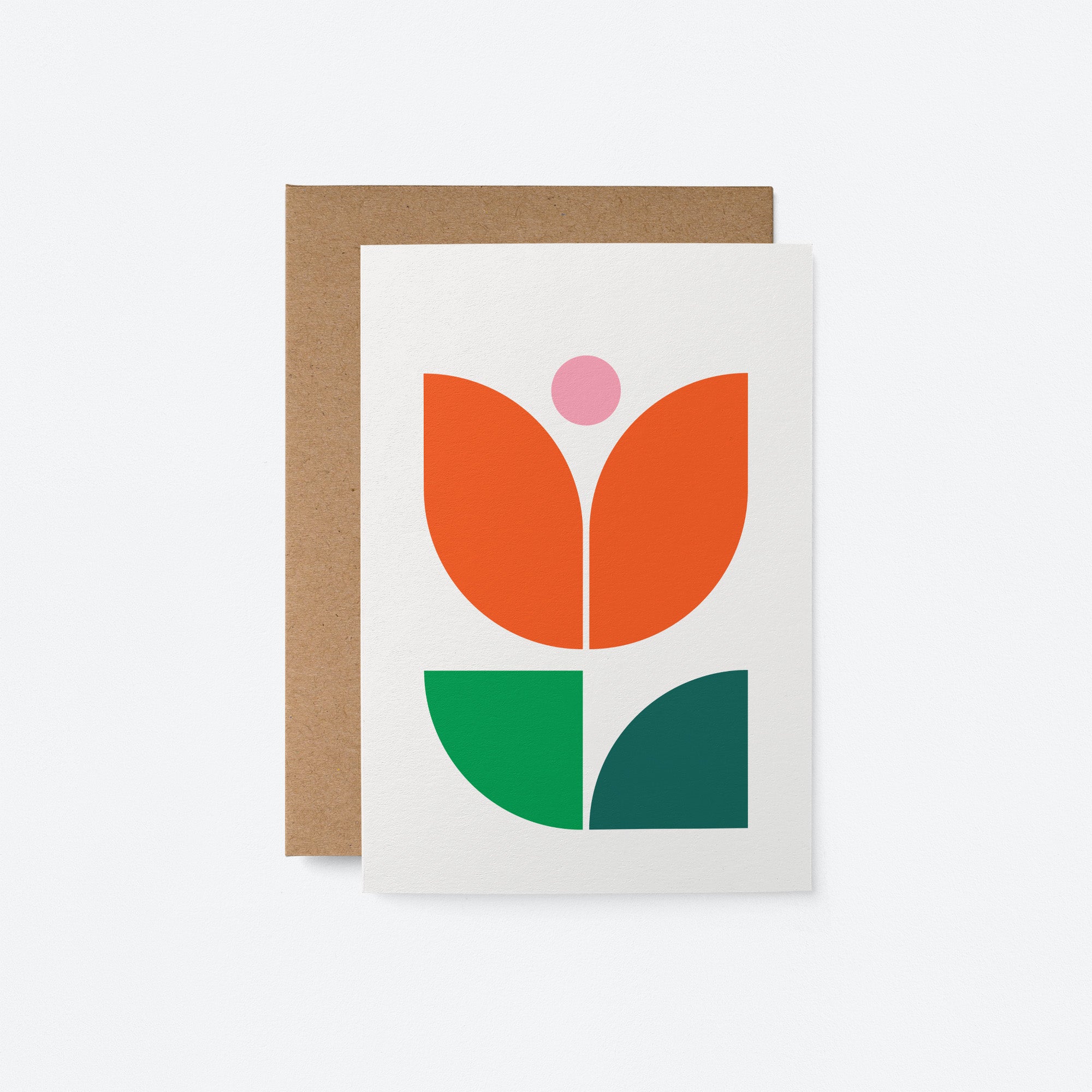 everyday greeting card with red flower and green, dark green leafs