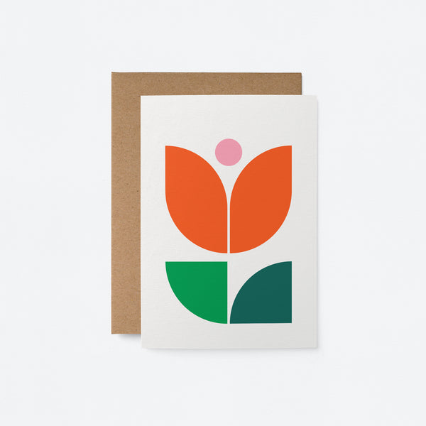 everyday greeting card with red flower and green, dark green leafs