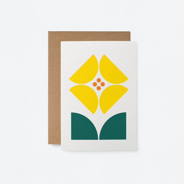 everyday greeting card with yellow flower and dark green leafs