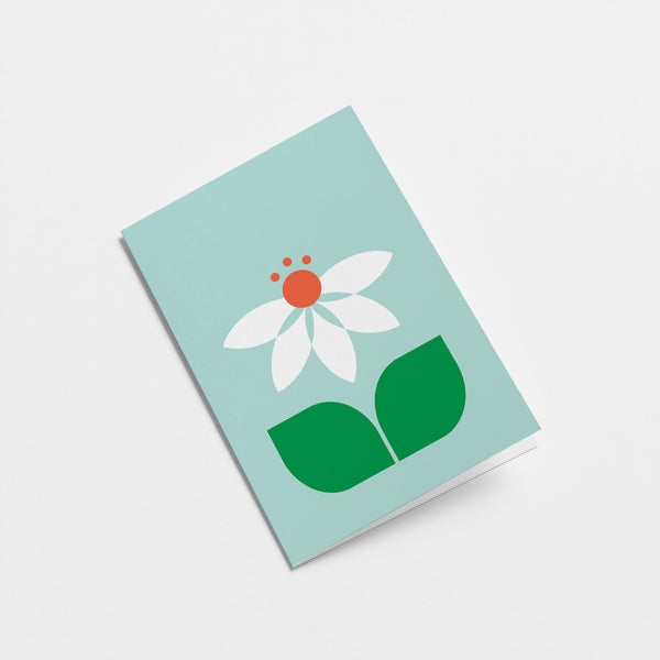 everyday greeting card with white and red flower with green leafs