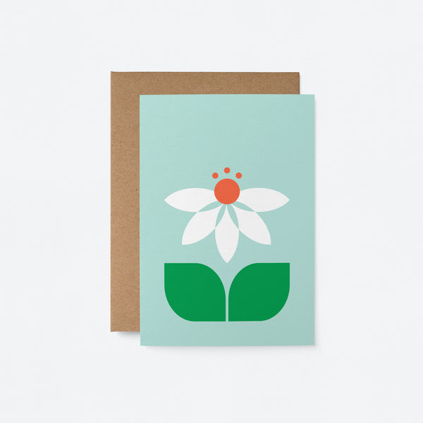 everyday greeting card with white and red flower with green leafs