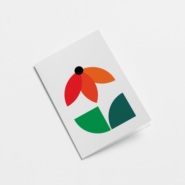 everyday greeting card with red and orange flower with green and dark green leafs