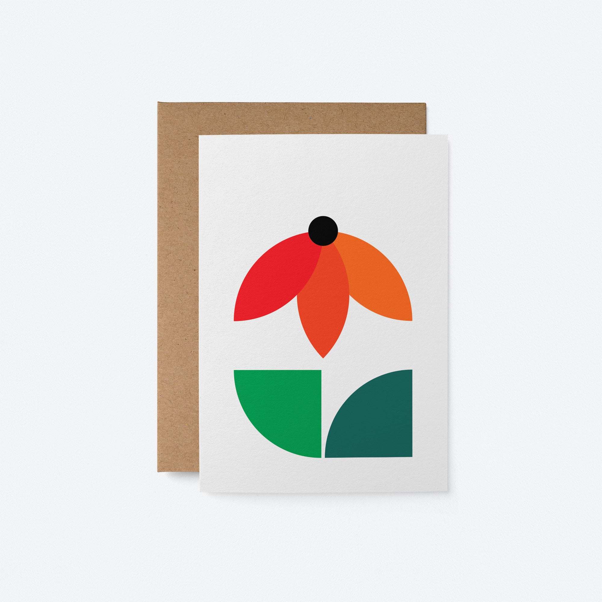 everyday greeting card with red and orange flower with green and dark green leafs