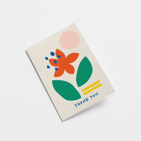 thank you card with red flower, pink sun, green leafs and a text that says thank you  Edit alt text