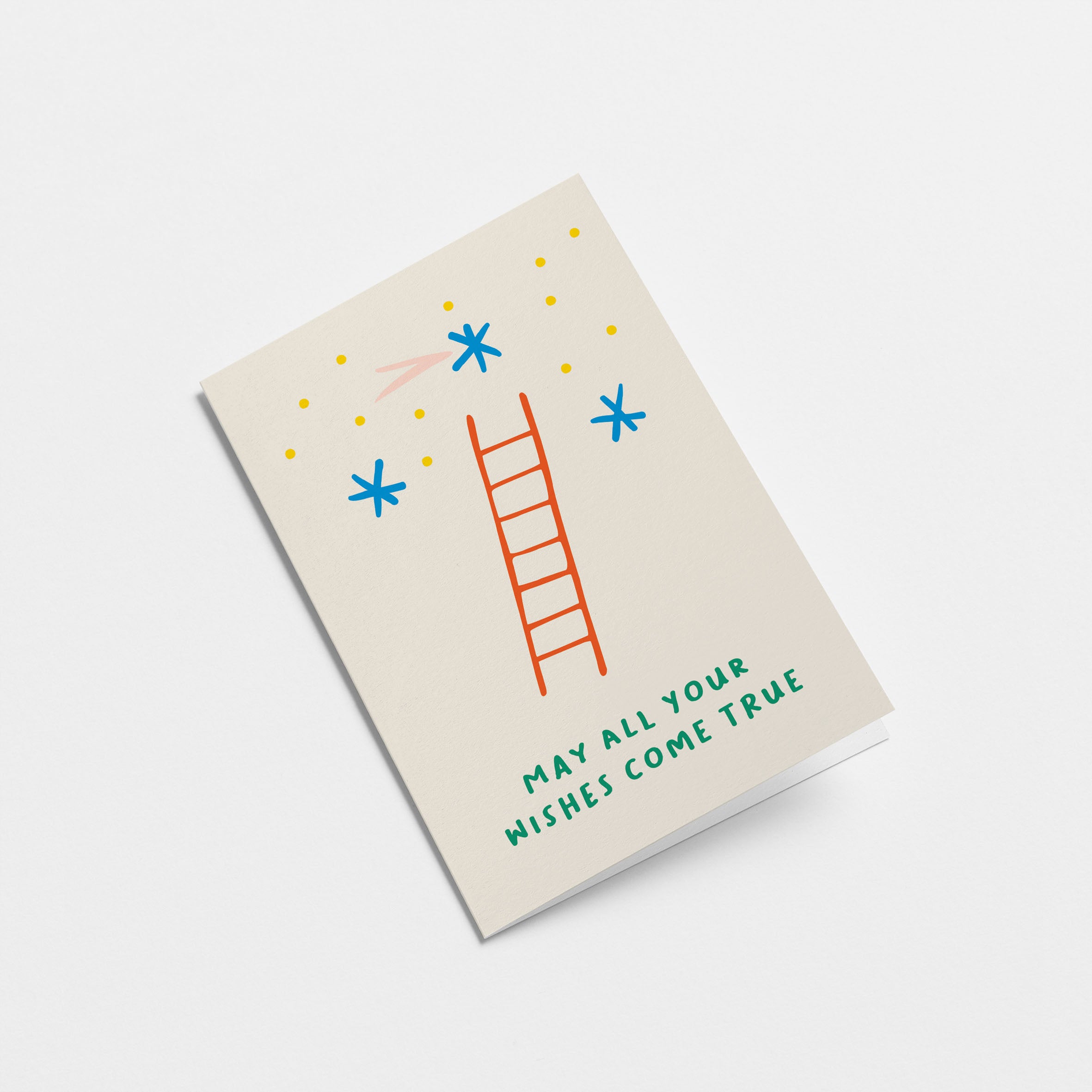 Birthday card with a red ladder and blue stars and a text that says May all your wishes come true  Edit alt text