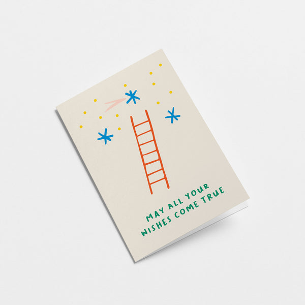 Birthday card with a red ladder and blue stars and a text that says May all your wishes come true  Edit alt text