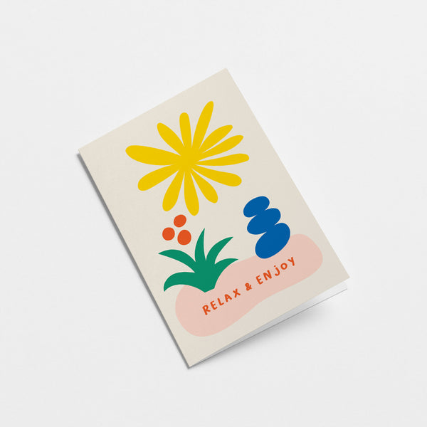 Friendship card with yellow sun figure, green and red flower, blue figure and a text that says Relax & Enjoy  Edit alt text