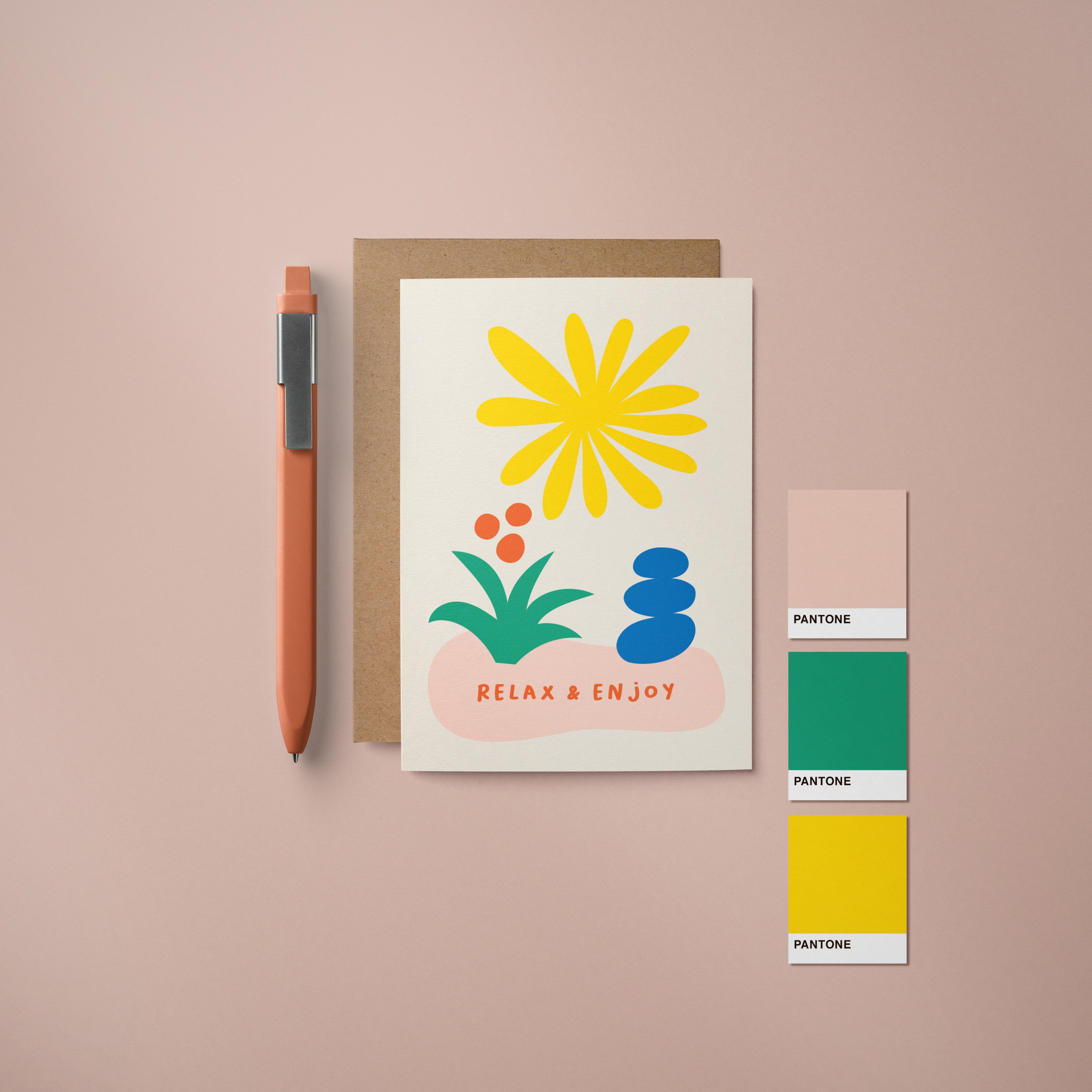 Friendship card with yellow sun figure, green and red flower, blue figure and a text that says Relax & Enjoy  Edit alt text