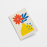 Greeting card with red and blue flowers and yellow vase  Edit alt text