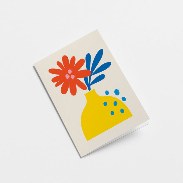 Greeting card with red and blue flowers and yellow vase  Edit alt text