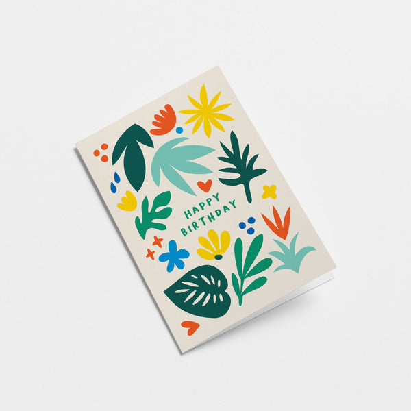 Birthday card with colorful leafs and a yellow sun figure with a text that says happy birthday  Edit alt text