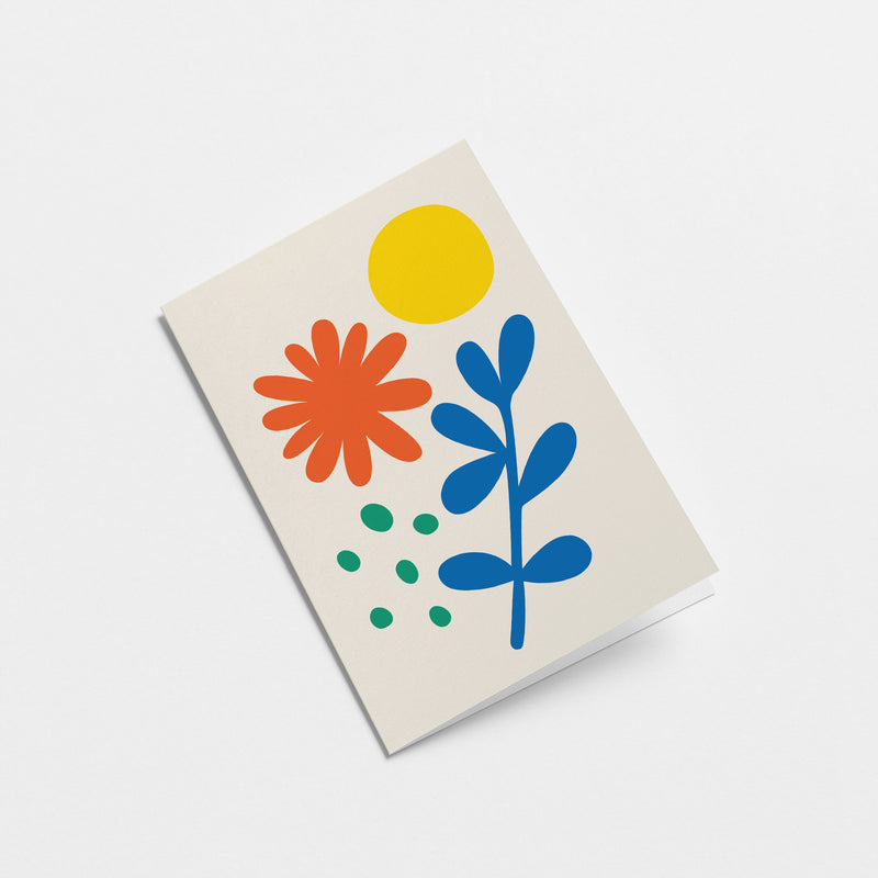 greeting card with red and blue flower, green dots and yellow sun  Edit alt text