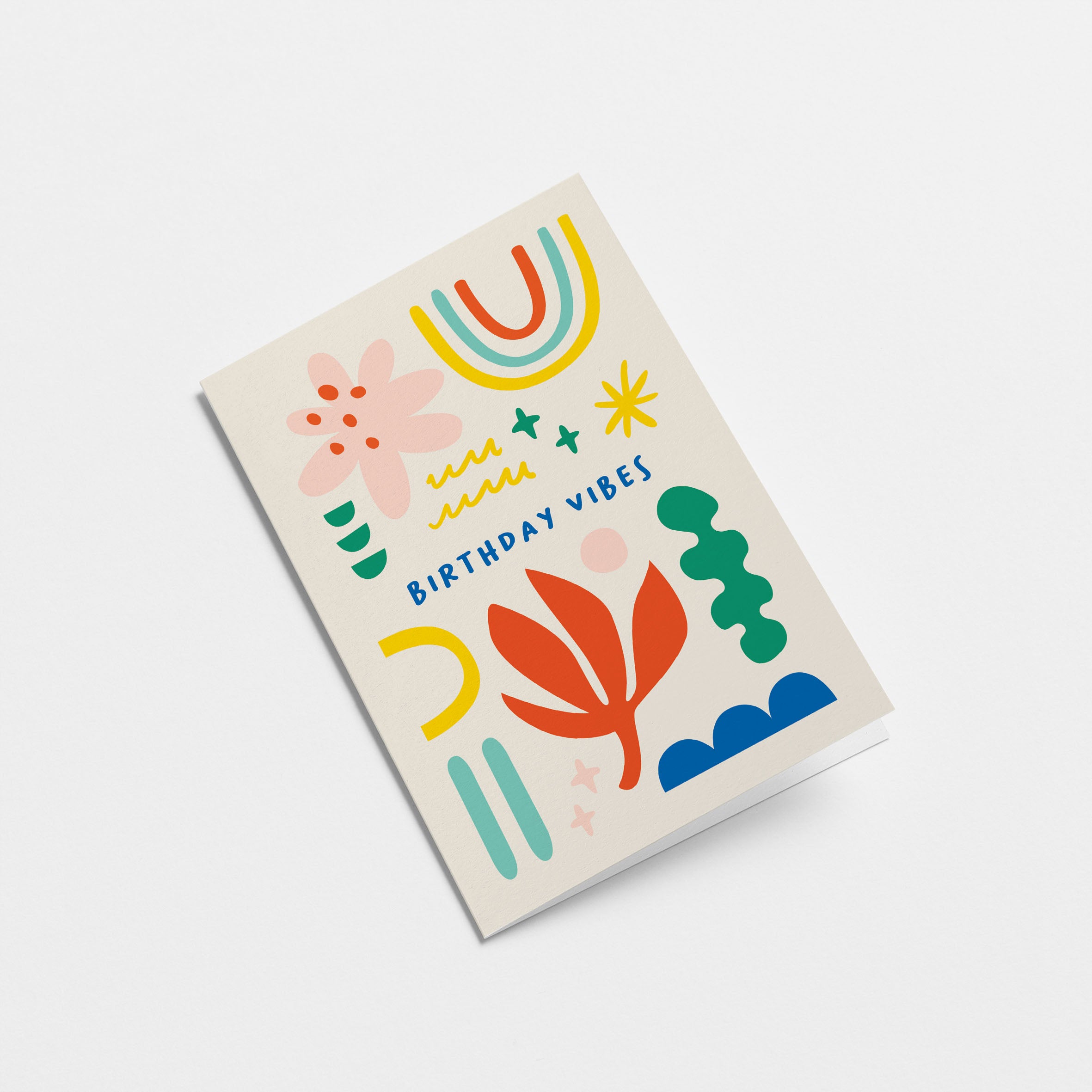 Birthday card with rainbow, red flower, pink,red,yellow,green,blue figures and a text that says Birthday Vibes  Edit alt text