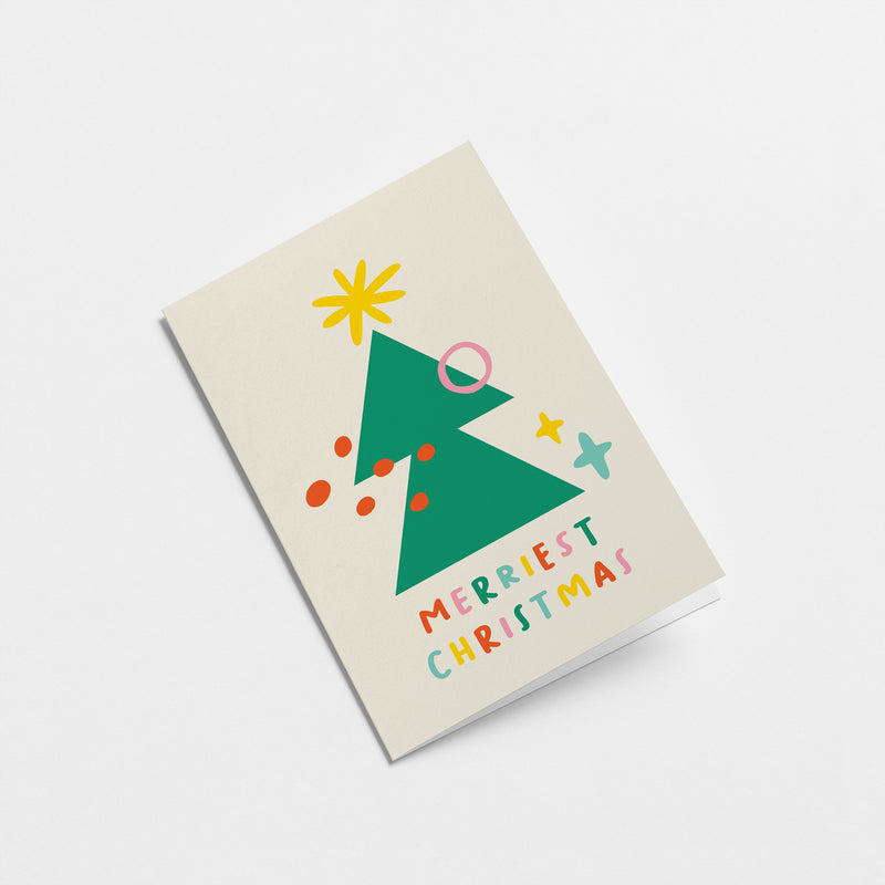 Christmas card with green christmas tree, yellow star, red dots and a text that says merriest christmas  Edit alt text