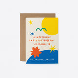 French birthday card with yellow sun green bird yellow stars blue figures and a text that says À la personne la plus joyeuse que je connaisse, joyeux anniversaire