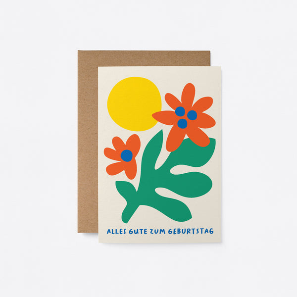 German Birthday card with green plant, red and blue flowers and yellow sun with a text that says Alles Gute zum Geburtstag