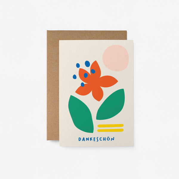 German thank you card with red flower, pink sun, green leafs and a text that says Dankeschön