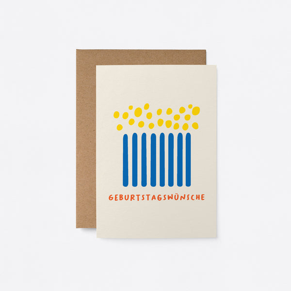German Birthday card with blue candle figures and yellow fire with a text that says Geburtstagswünsche