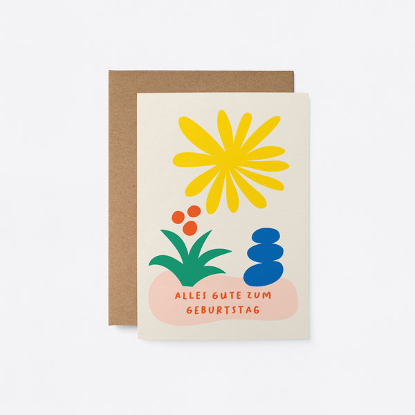 German Friendship card with yellow sun figure, green and red flower, blue figure and a text that says Alles Gute zum Geburtstag