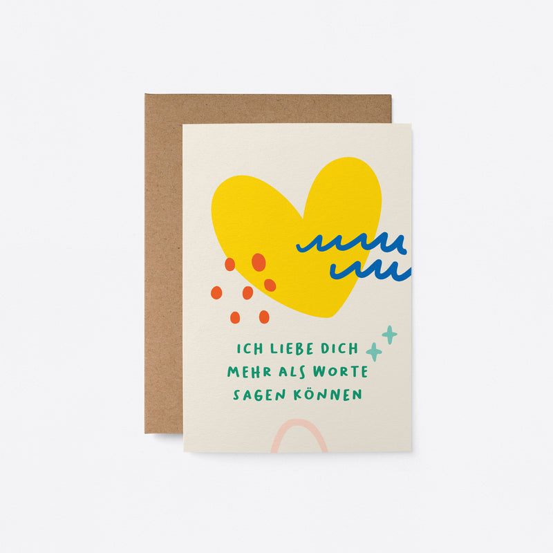 German Love card with yellow heart figure, red dots and blue figures with a text that says Ich liebe dich mehr als Worte sagen können