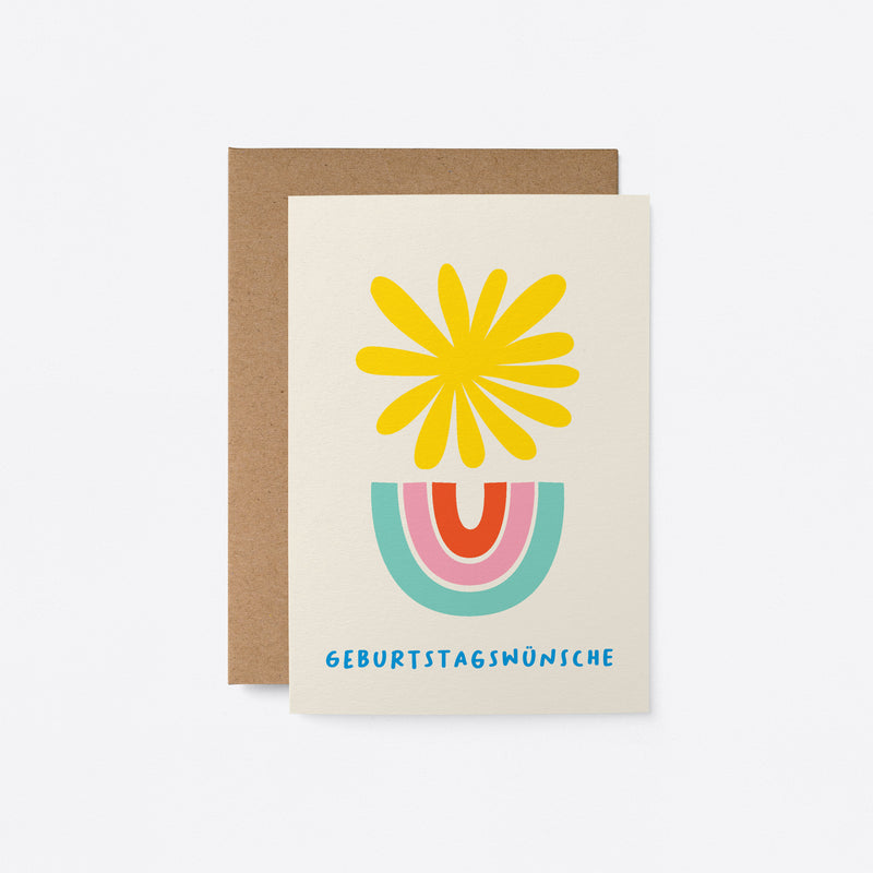 German Birthday card with a yellow sun and blue, pink, red rainbow and a text that says Geburtstagswünsche