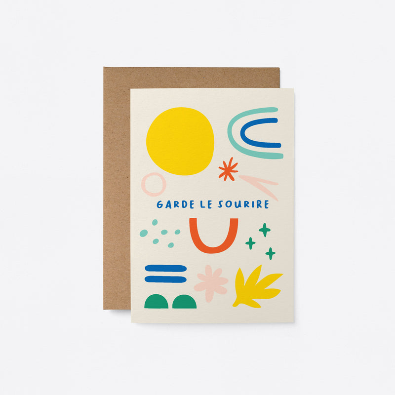 French Love card with yellow sun, blue,red,green,yellow figures and a text thay says Garde le sourire